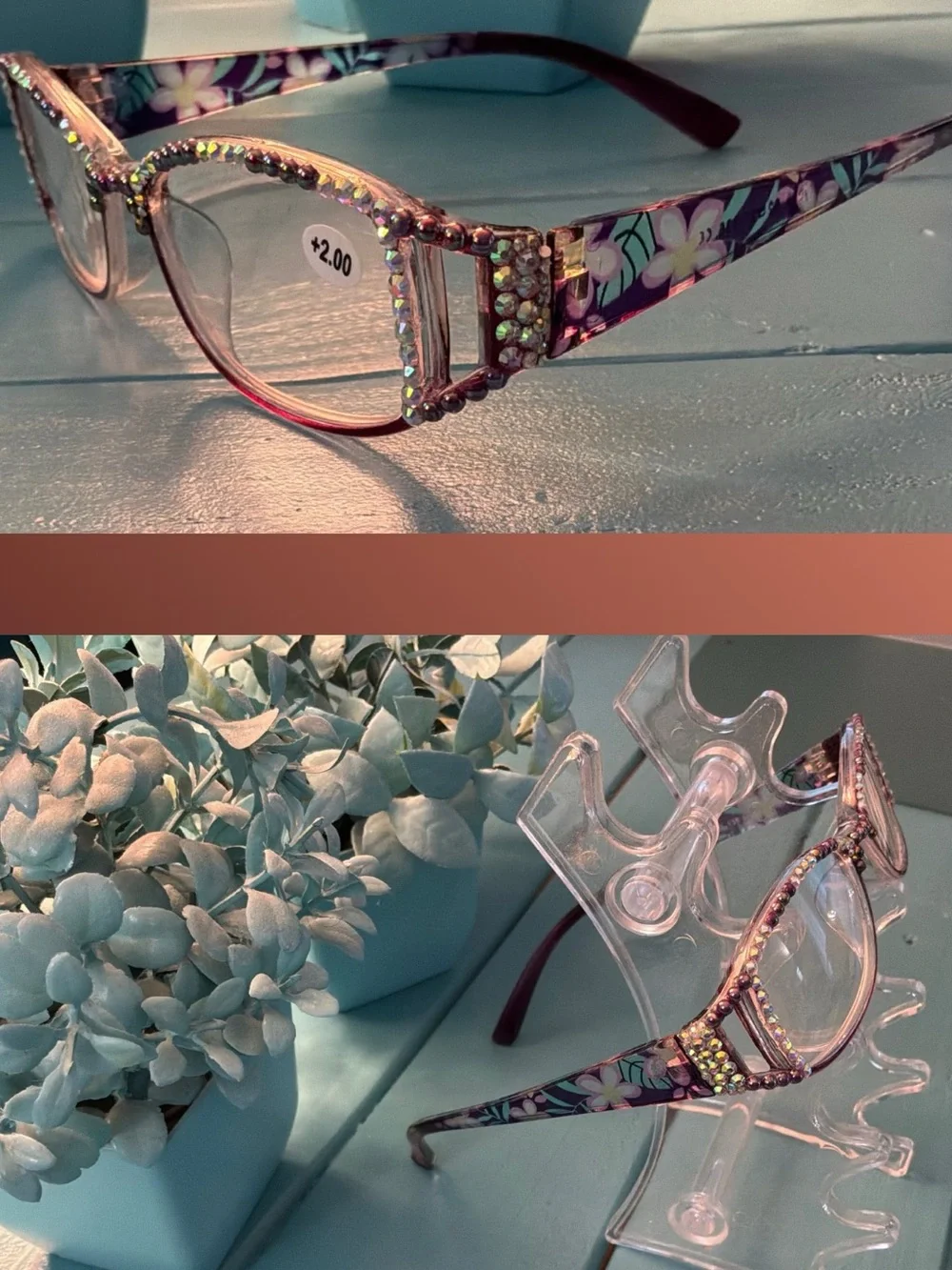 Handmade Bling Reading Glasses (+2.00) -Rhinestone & Faux Pearls